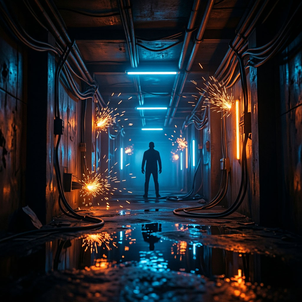 Обесточенный технический коридор: искры, неон, силуэт